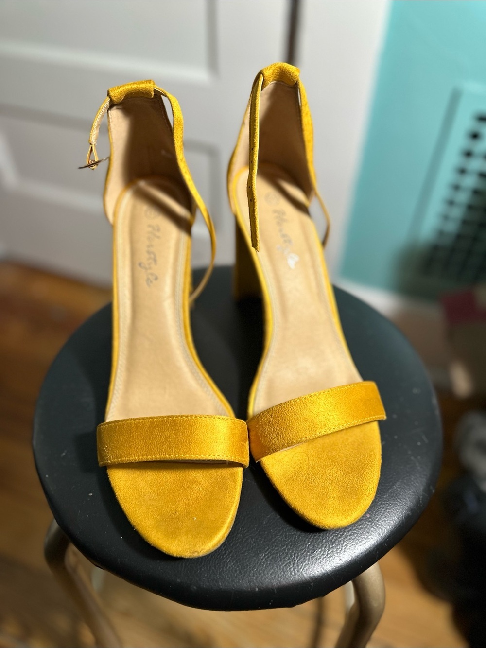 Yellow Suede-Look Ankle-Strap Block Heel Sandals (Size 11) (Preowned)